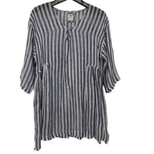Namsar 100% Linen Striped Tunic Top S/M Blue White Oversized Lagenlook Coastal